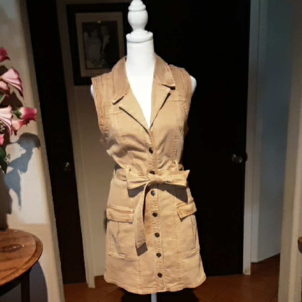Anthropologie Tan Sleeveless Button-Up Dress with Belt